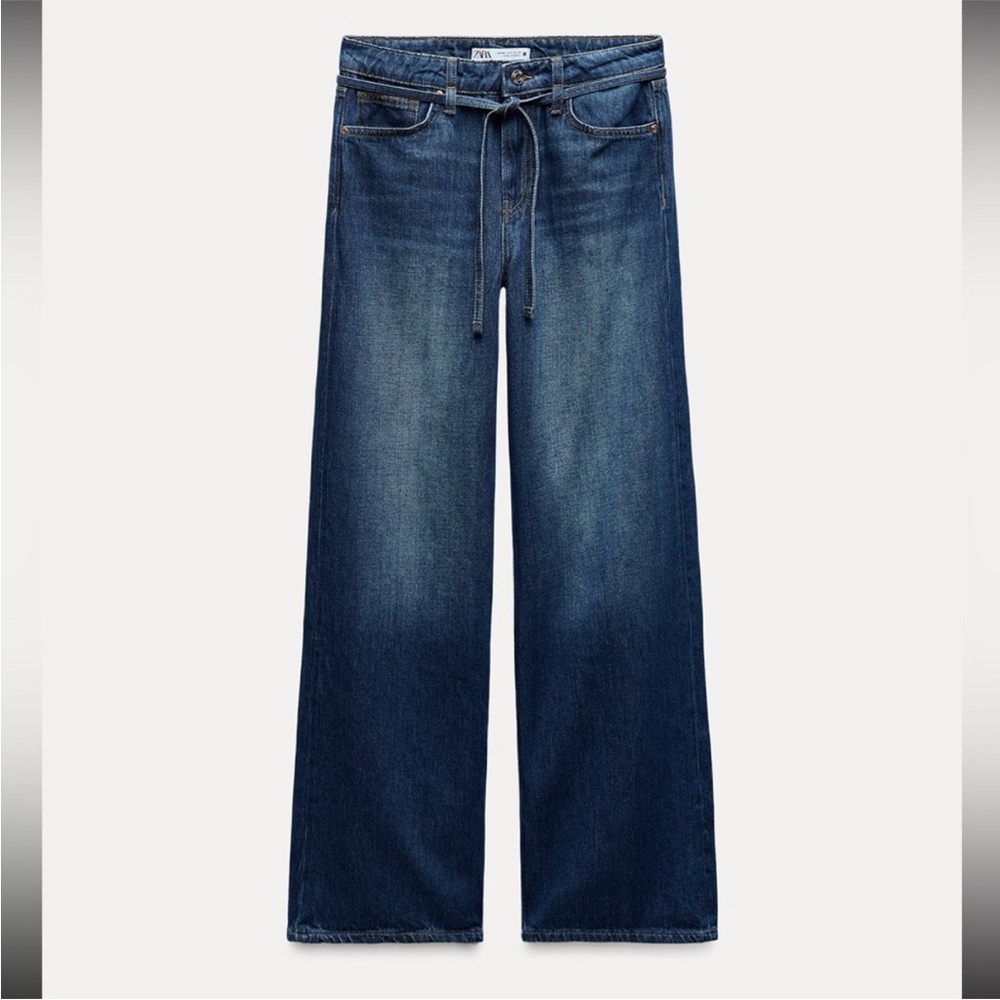ZARA HIGH WAISTED WIDE LEG BELTED JEANS